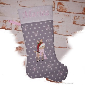Nikolausstiefel Rentier Stofffarbe grau Name rosa
